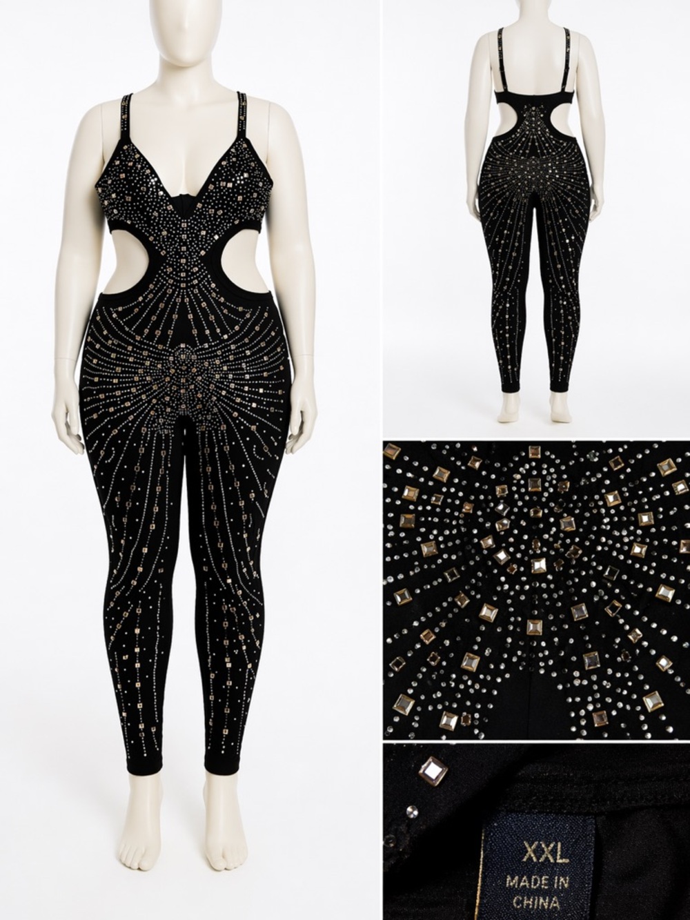 Black Rhinestone Cutout Jumpsuit XXL Glam Sparkle Bodycon One Piece - Picture 10 of 10